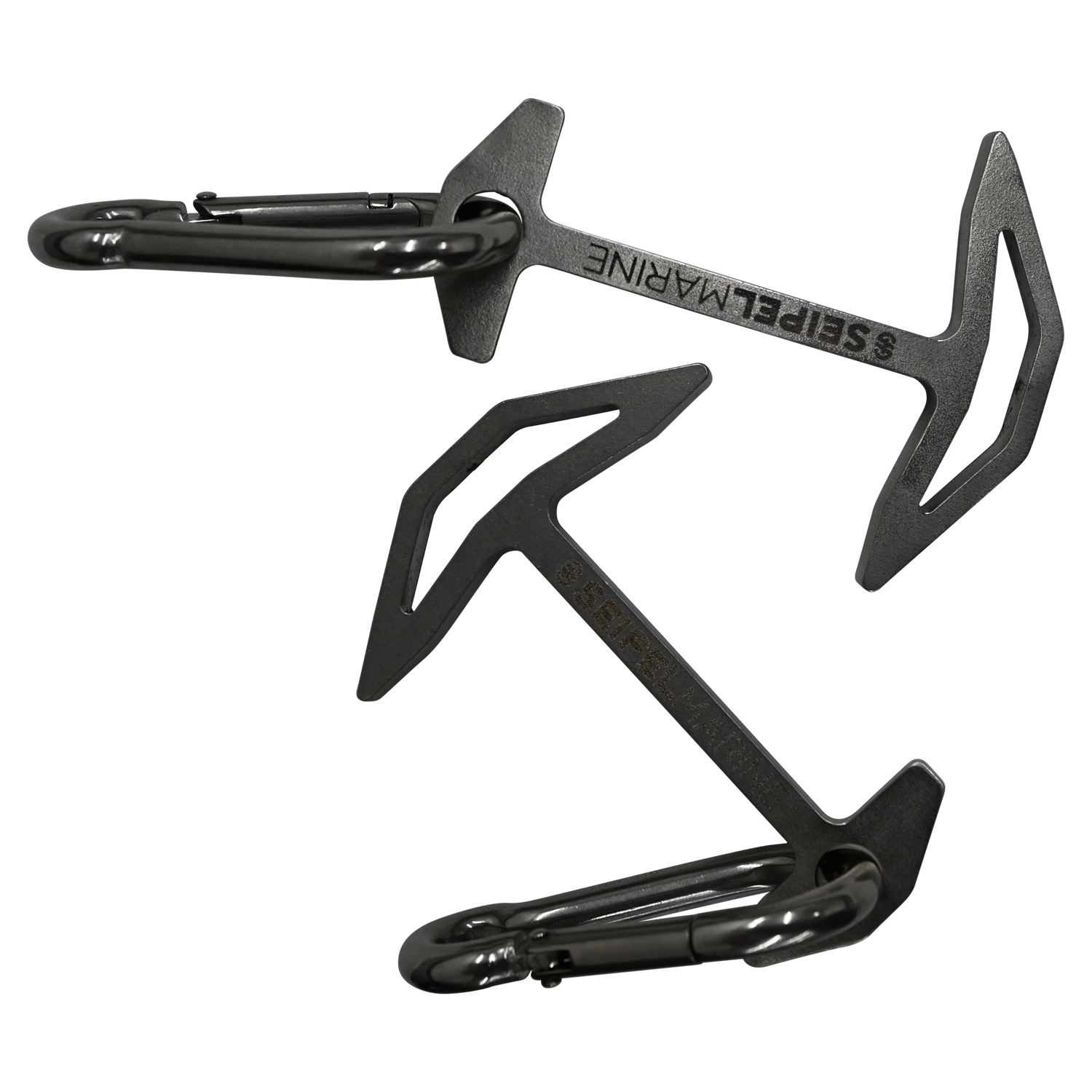 Two Quick Dock Cleats shown from different angles, displaying their metal anchor shape and integrated carabiners.
