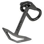 Close-up of the Quick Dock Cleat, a metal anchor-shaped clip with a carabiner, featuring Seipel Marine branding.