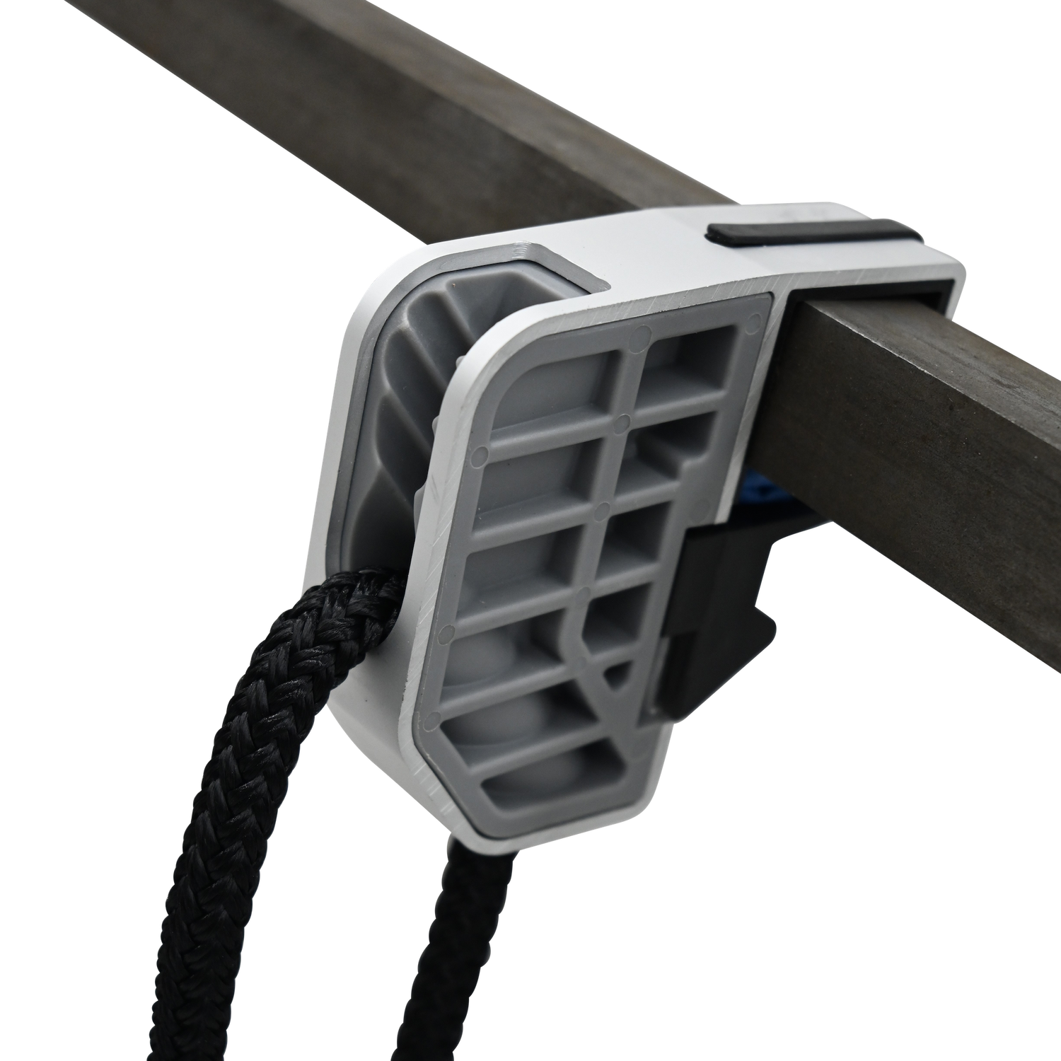 Pontoon Fender & Dock Line Hanger attached to a square metal railing, securing a black dock line.