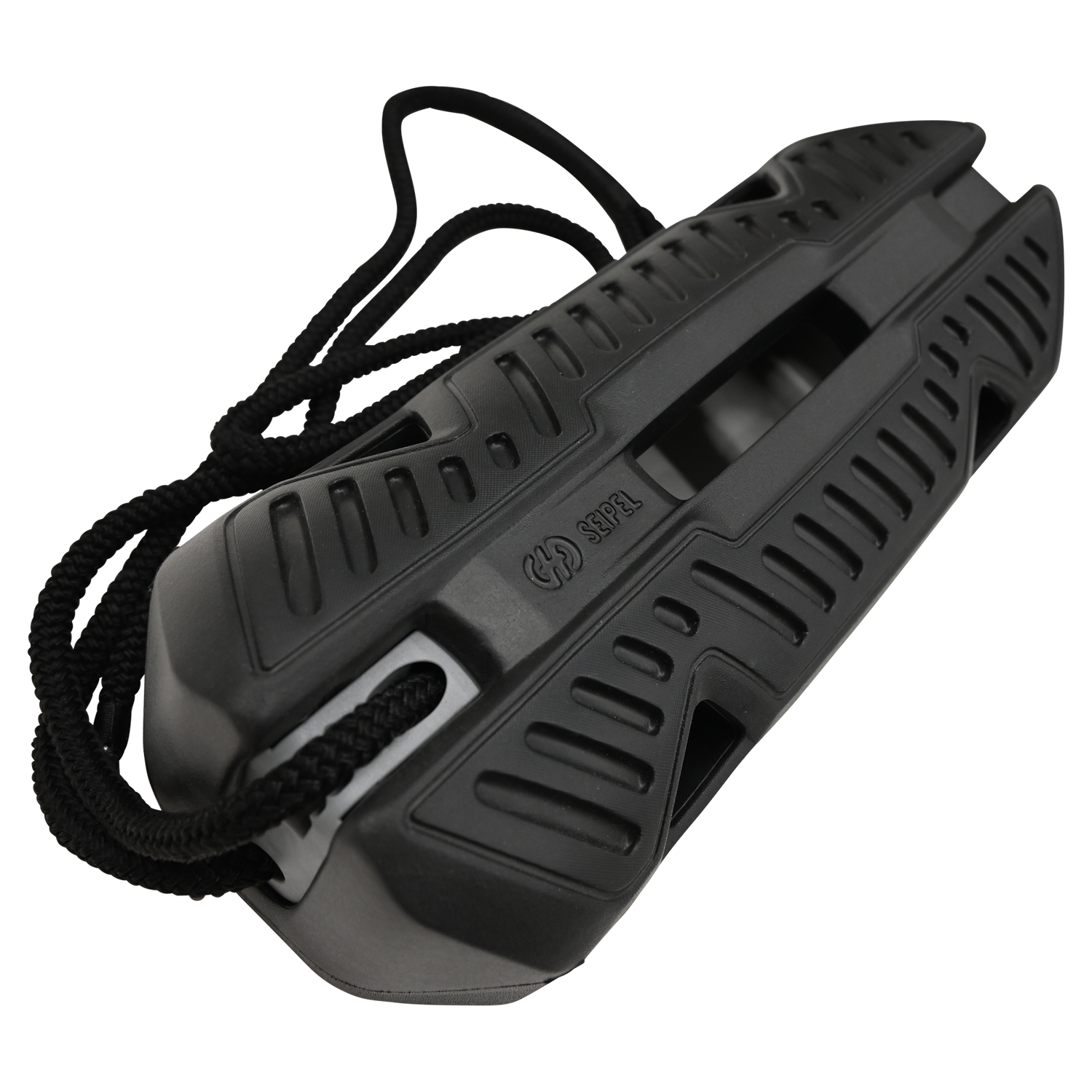 Angled view of Fender EVA 2.0, a black protective boat fender with a durable grooved surface and attached rope.