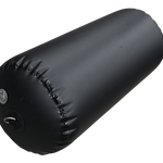 Angled view of the Cylinder Inflatable Fender, a black inflatable fender with a glossy finish and reinforced attachment.