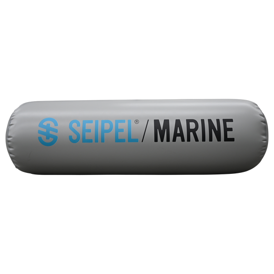 Side view of the 5' Boat Bumper in gray with blue and black branding, showing a cylindrical shape and smooth surface.