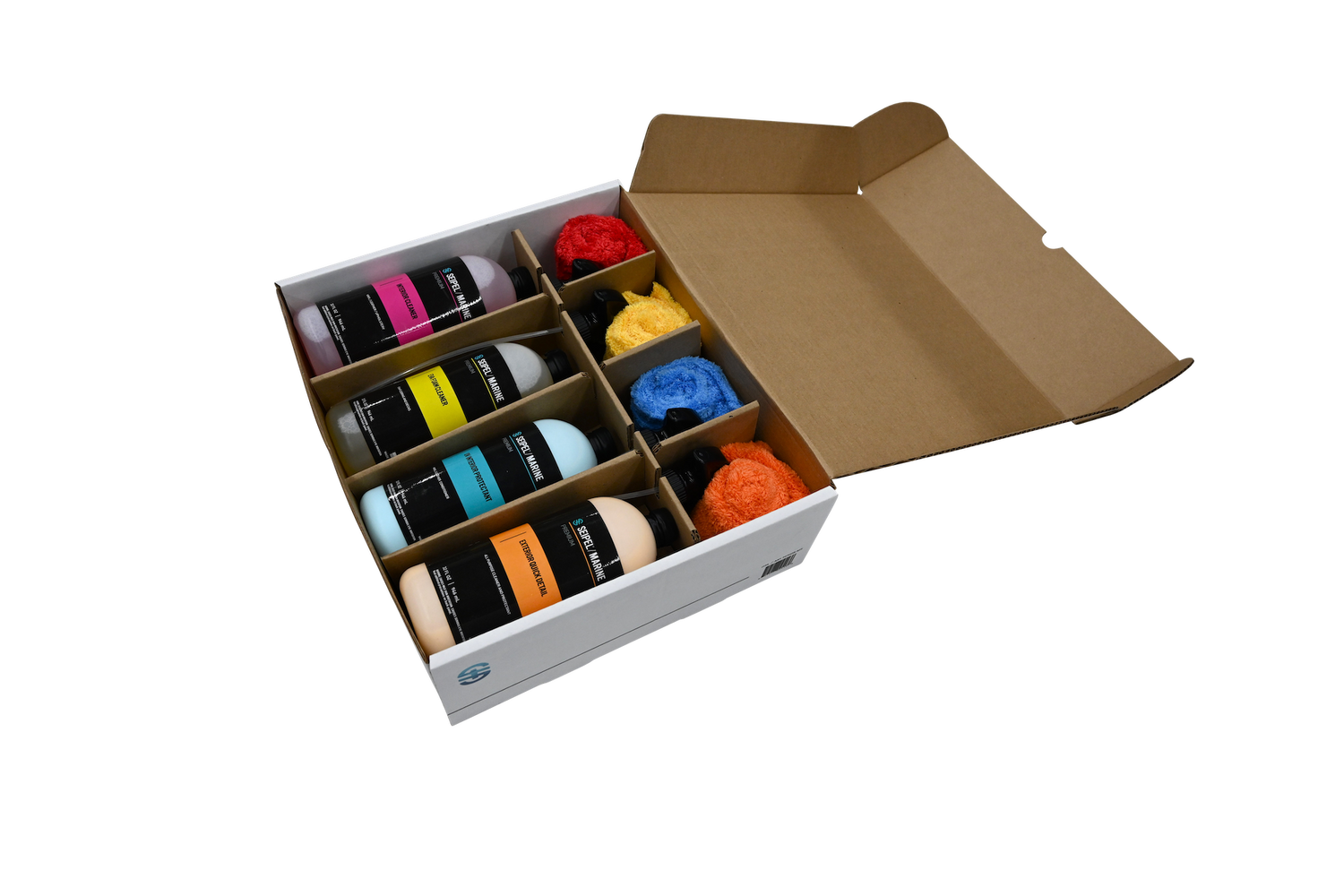 Open box of Seipel Marine cleaners, arranged with four spray bottles and colorful plush towels in divided compartments.