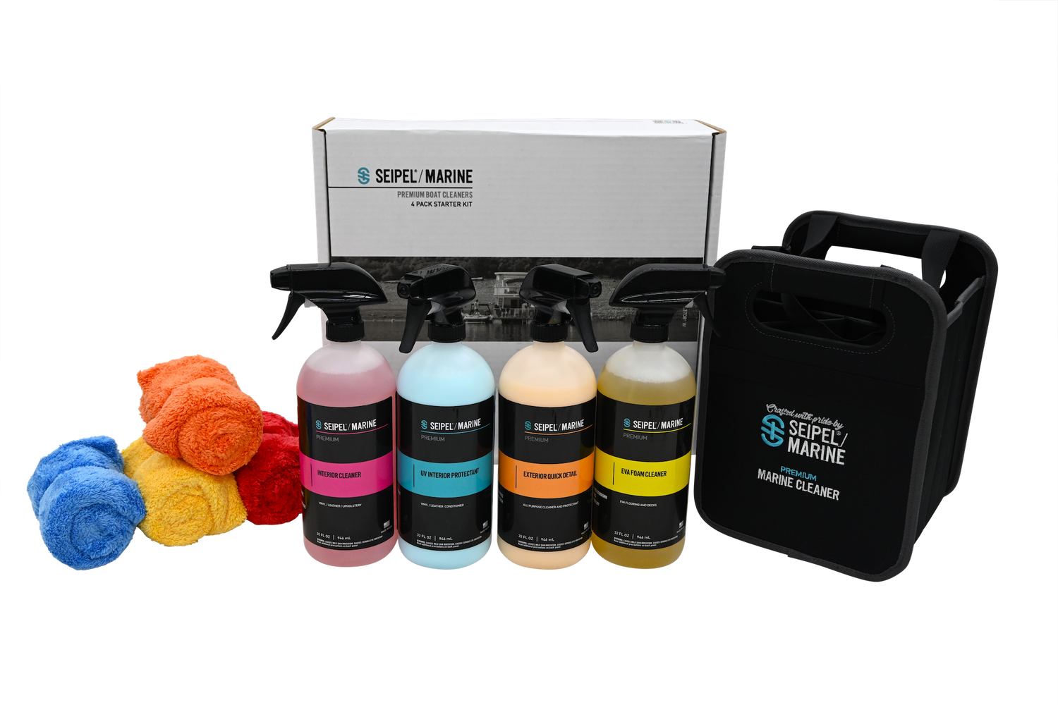 Seipel Marine cleaner set displayed with a black carrying case, four cleaner bottles, and colorful plush towels.