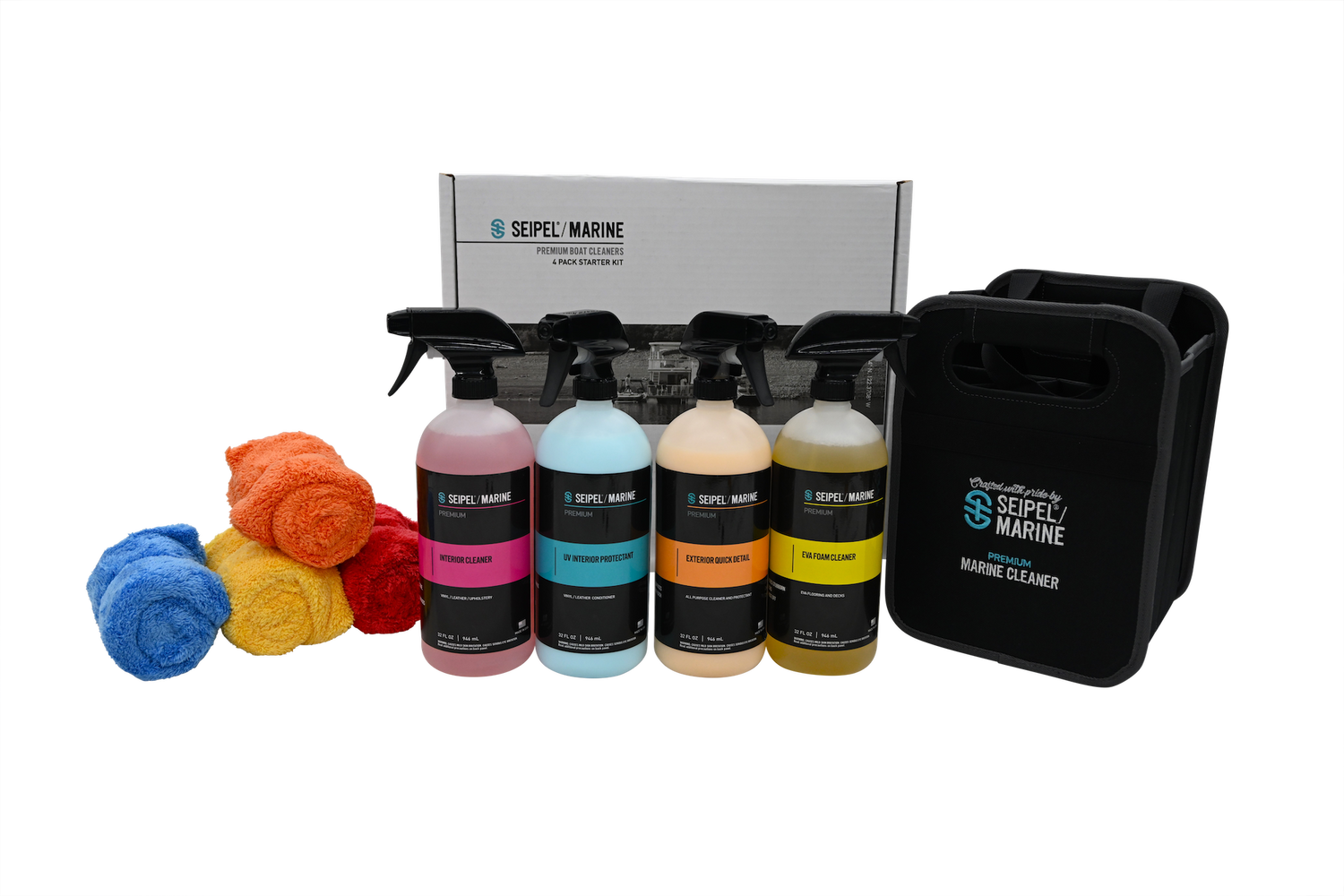 Seipel Marine 4-pack cleaner kit including four 32 oz spray bottles, a black carrying case, and four plush towels.
