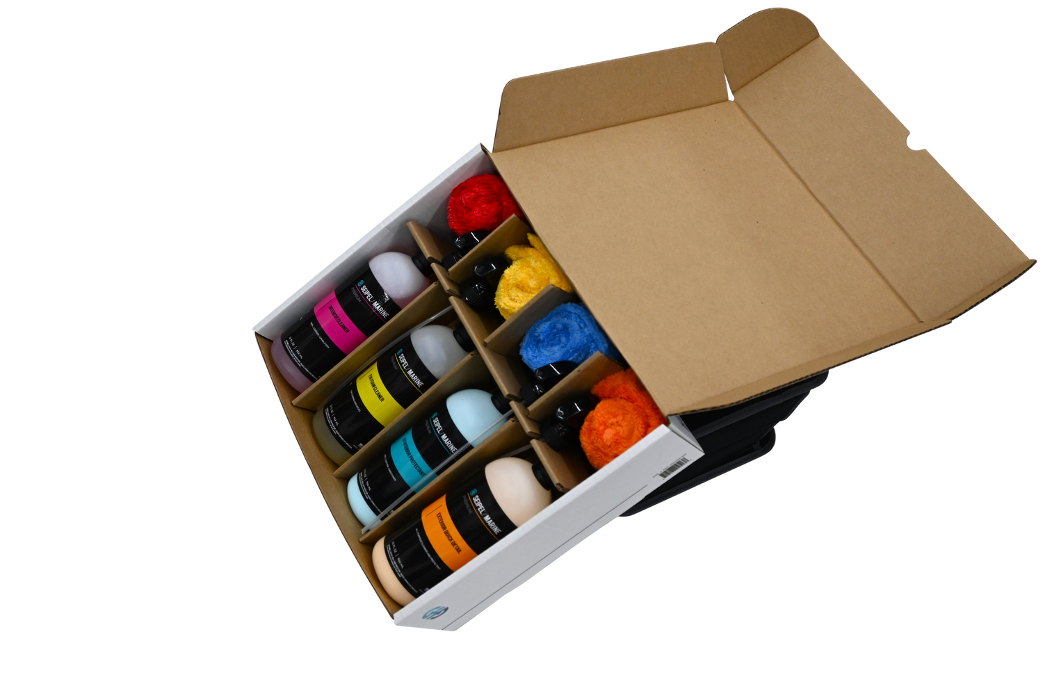 Open box showing four Seipel Marine cleaner bottles and rolled plush towels in red, blue, yellow, and orange.