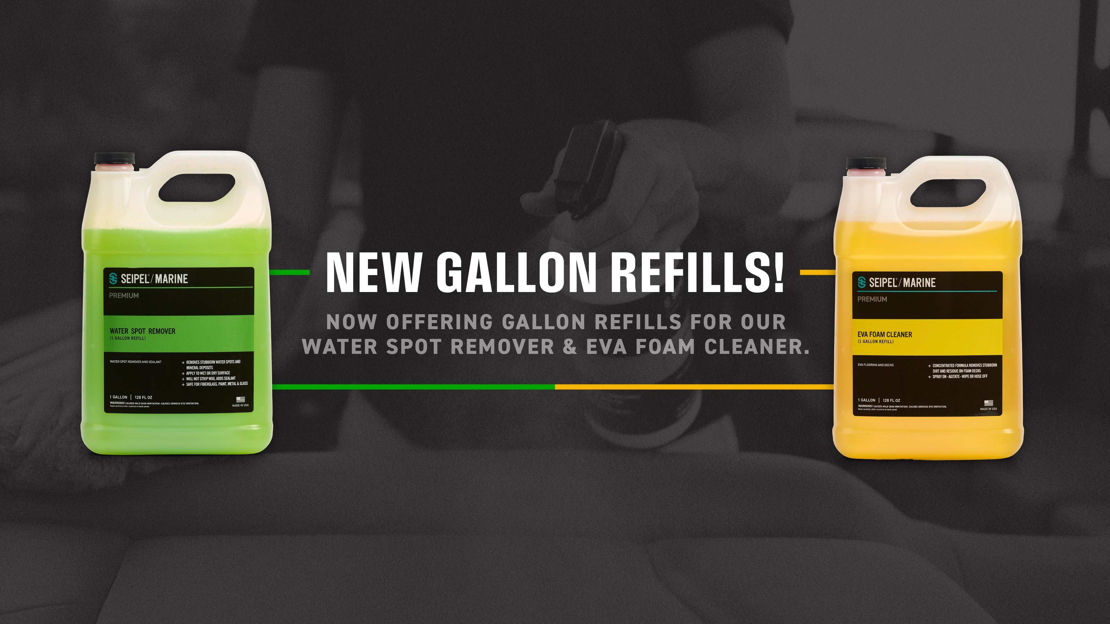 New Gallon Refills banner showing green and yellow cleaner bottles against dark background.