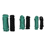 Top view of six coiled dock lines in black and green, arranged in descending size order with looped ends.
