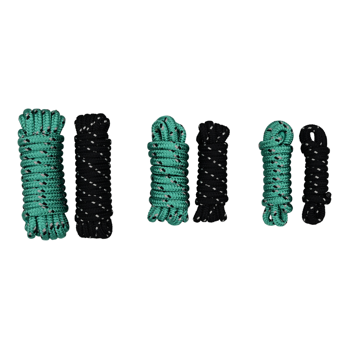 Top view of six coiled dock lines in black and green, arranged in descending size order with looped ends.