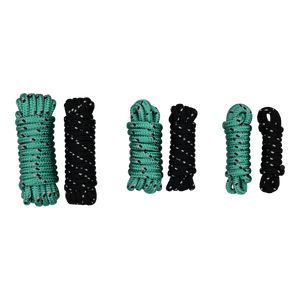 Top view of six coiled dock lines in black and green, arranged in descending size order with looped ends.