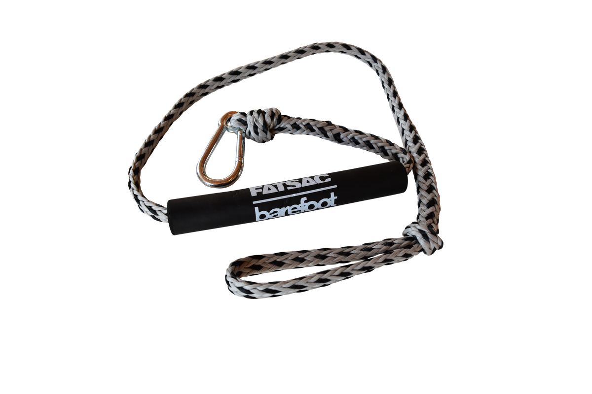 FATSAC Barefoot handle with black and white braided rope and metal carabiner clip, designed for barefoot water skiing or training.