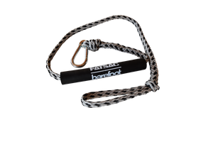 FATSAC Barefoot handle with black and white braided rope and metal carabiner clip, designed for barefoot water skiing or training.