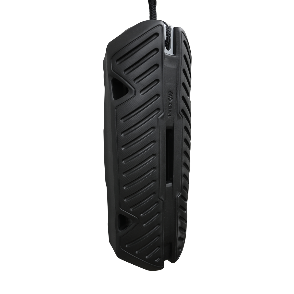 Side view of Fender EVA 2.0 hanging vertically, showing its black grooved design and secure rope attachment.