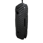 Side view of Fender EVA 2.0 hanging vertically, showing its black grooved design and secure rope attachment.