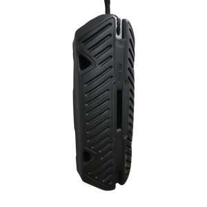 Side view of Fender EVA 2.0 hanging vertically, showing its black grooved design and secure rope attachment.
