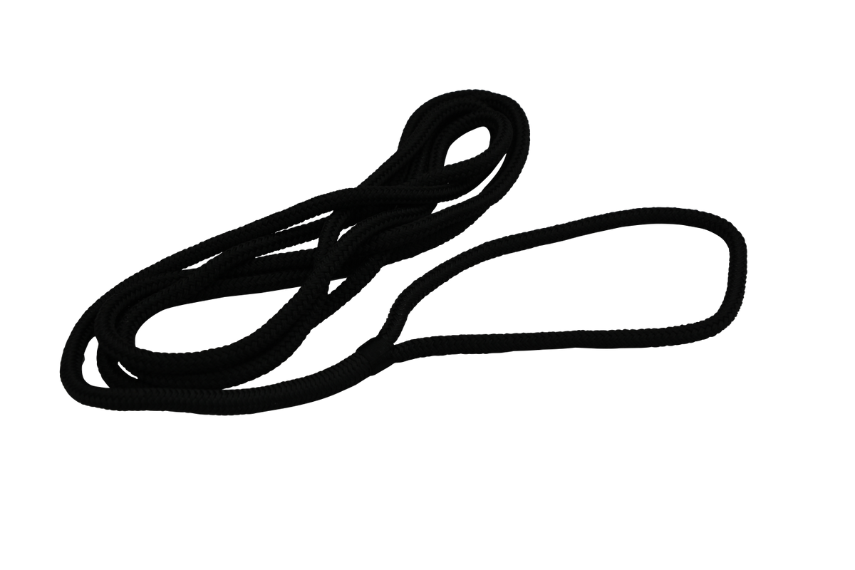 A black heavy duty marine dock line with a loop on one end, designed for use in watercraft docking and anchoring.