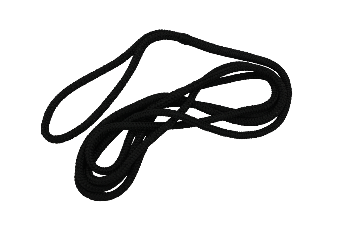 Braided black boat rope with loop laid in a neat tie.