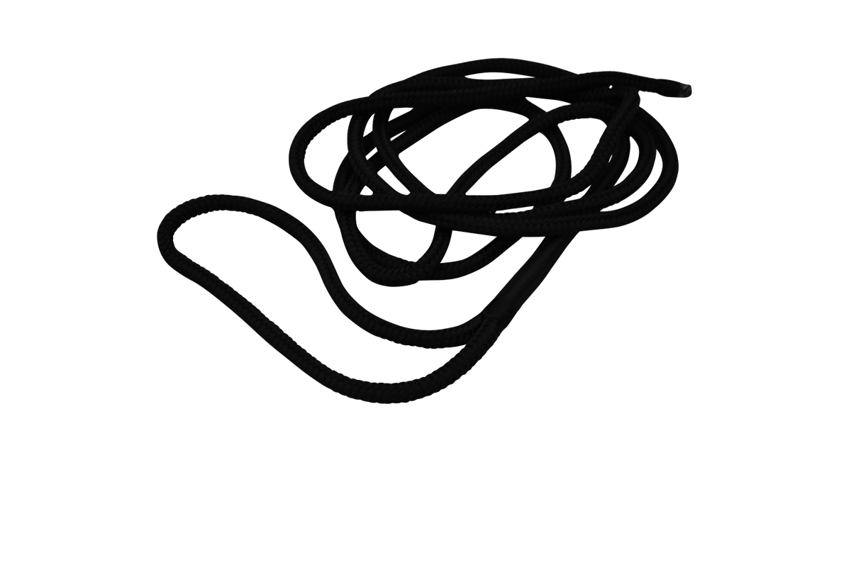 Coiled black heavy duty marine dock line with a loop on one end.