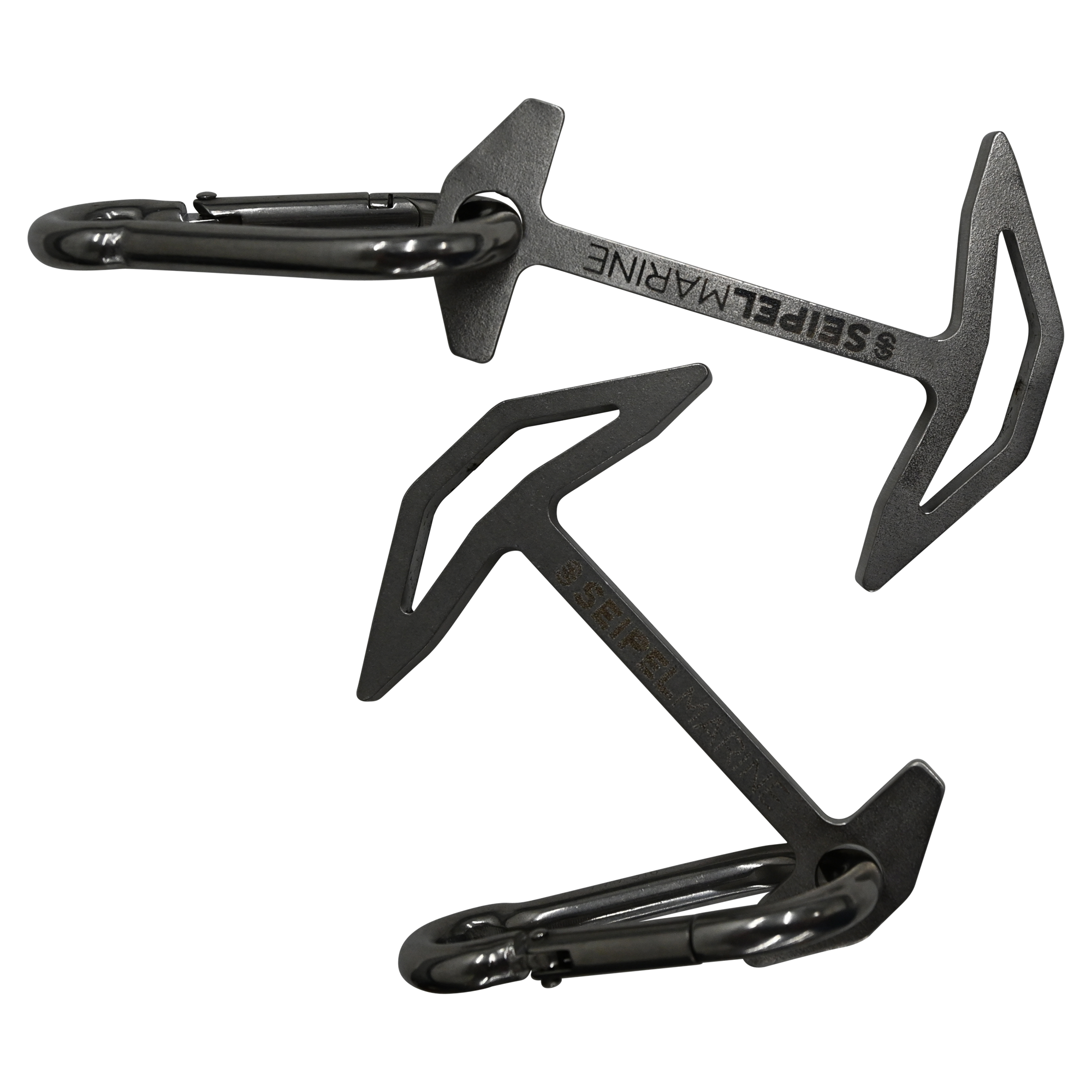 Two Quick Dock Cleats shown from different angles, displaying their metal anchor shape and integrated carabiners.