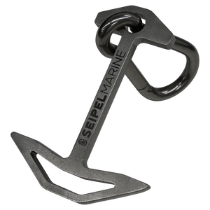 Close-up of the Quick Dock Cleat, a metal anchor-shaped clip with a carabiner, featuring Seipel Marine branding.