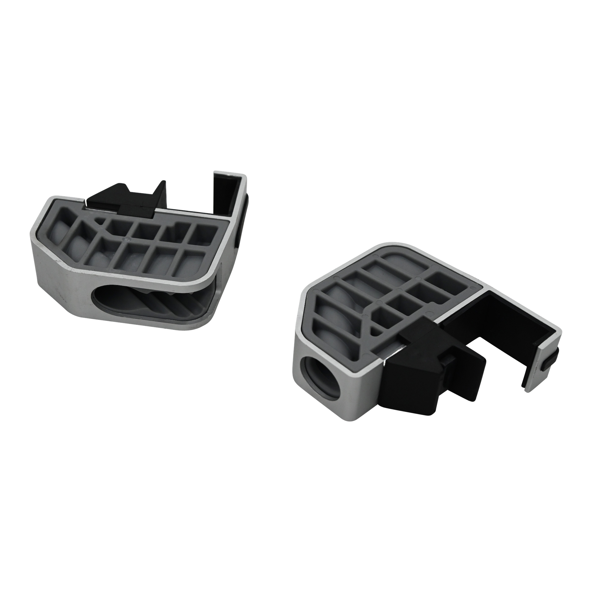 Pair of Pontoon Fender & Dock Line Hanger clips in silver and black with a grid design and locking clips.