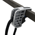 Pontoon Fender & Dock Line Hanger attached to a square metal railing, securing a black dock line.