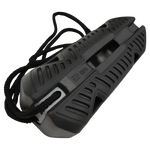 Angled view of Fender EVA 2.0, a black protective boat fender with a durable grooved surface and attached rope.