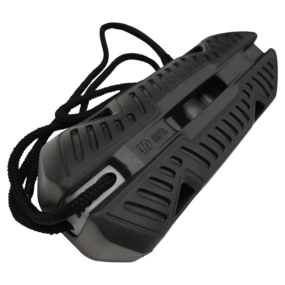 Angled view of Fender EVA 2.0, a black protective boat fender with a durable grooved surface and attached rope.