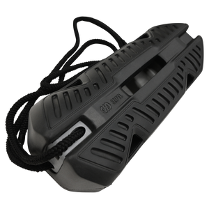 Angled view of Fender EVA 2.0, a black protective boat fender with a durable grooved surface and attached rope.