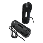 Angled view of the Fender EVA 2.0, a black fender with a textured surface, cutout center, and attached rope.