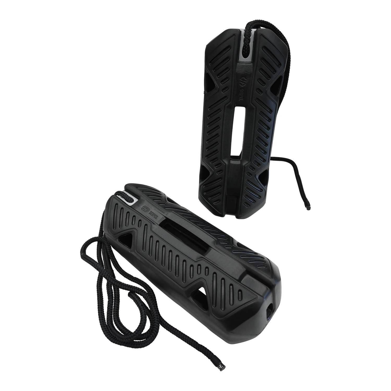 Angled view of the Fender EVA 2.0, a black fender with a textured surface, cutout center, and attached rope.
