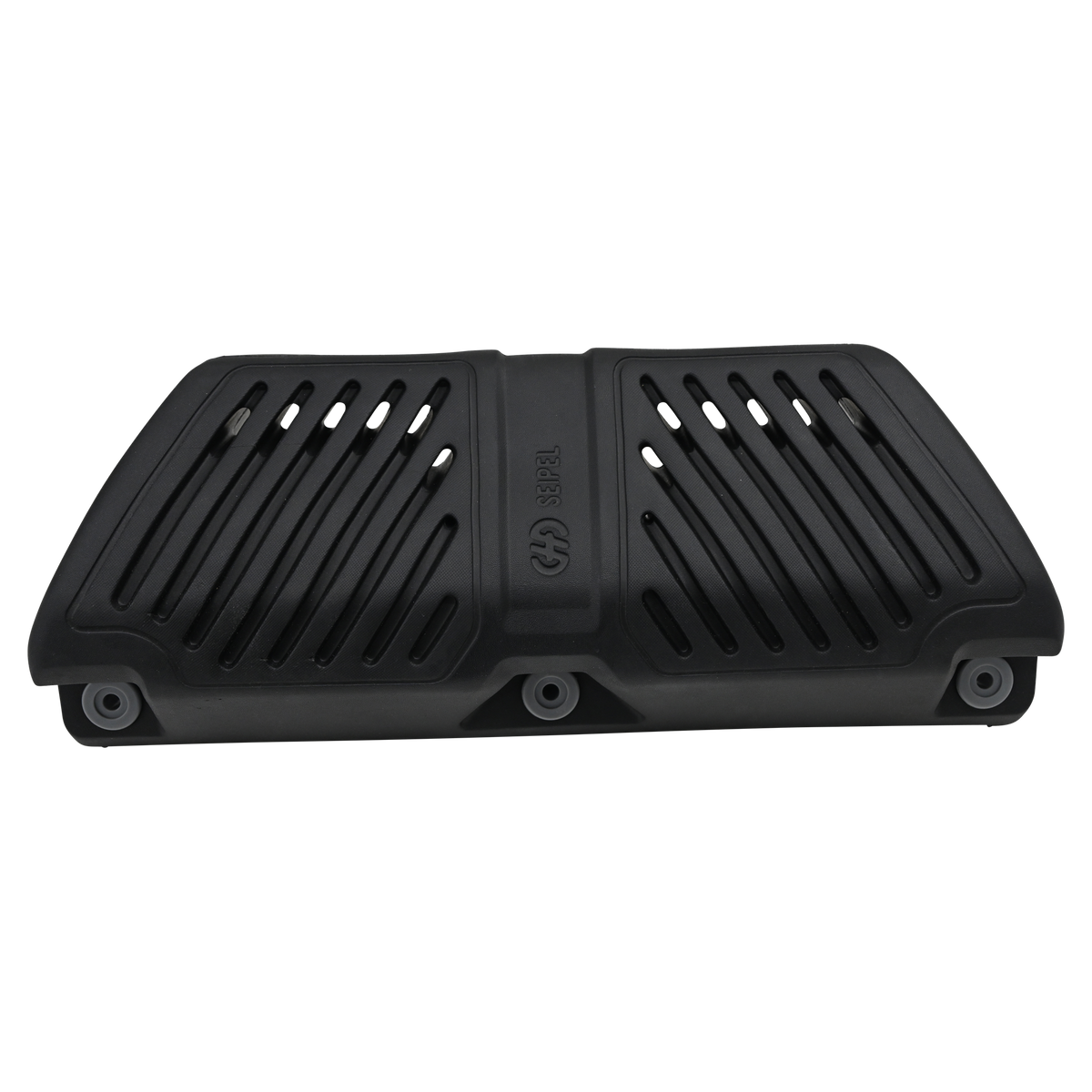 Front view of the EVA Permanent Dock Fender, showcasing symmetrical vented slats, logo, and four mounting points.