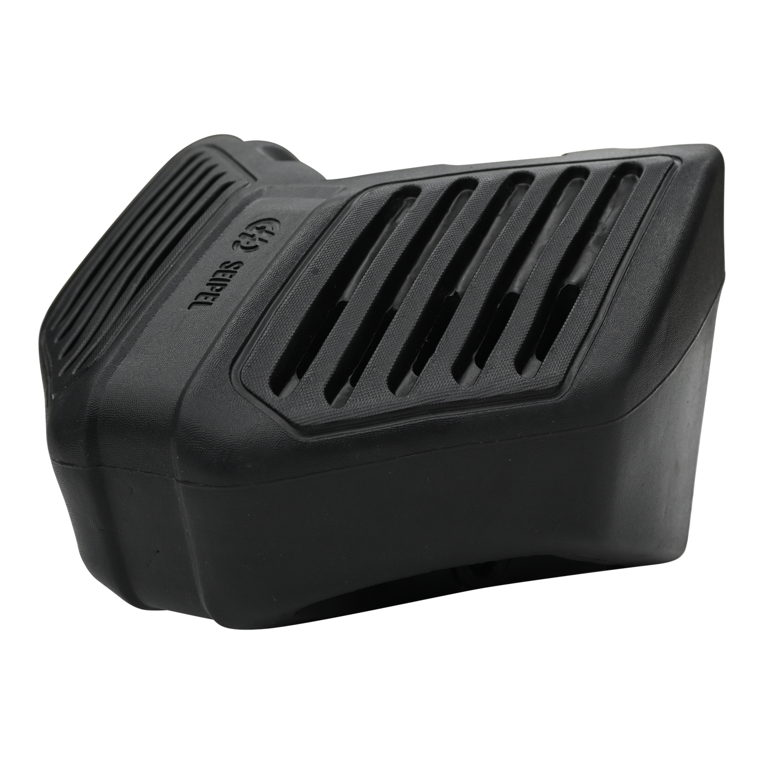 Angled view of a black EVA Permanent Corner Dock Fender with vented surface and embossed logo.