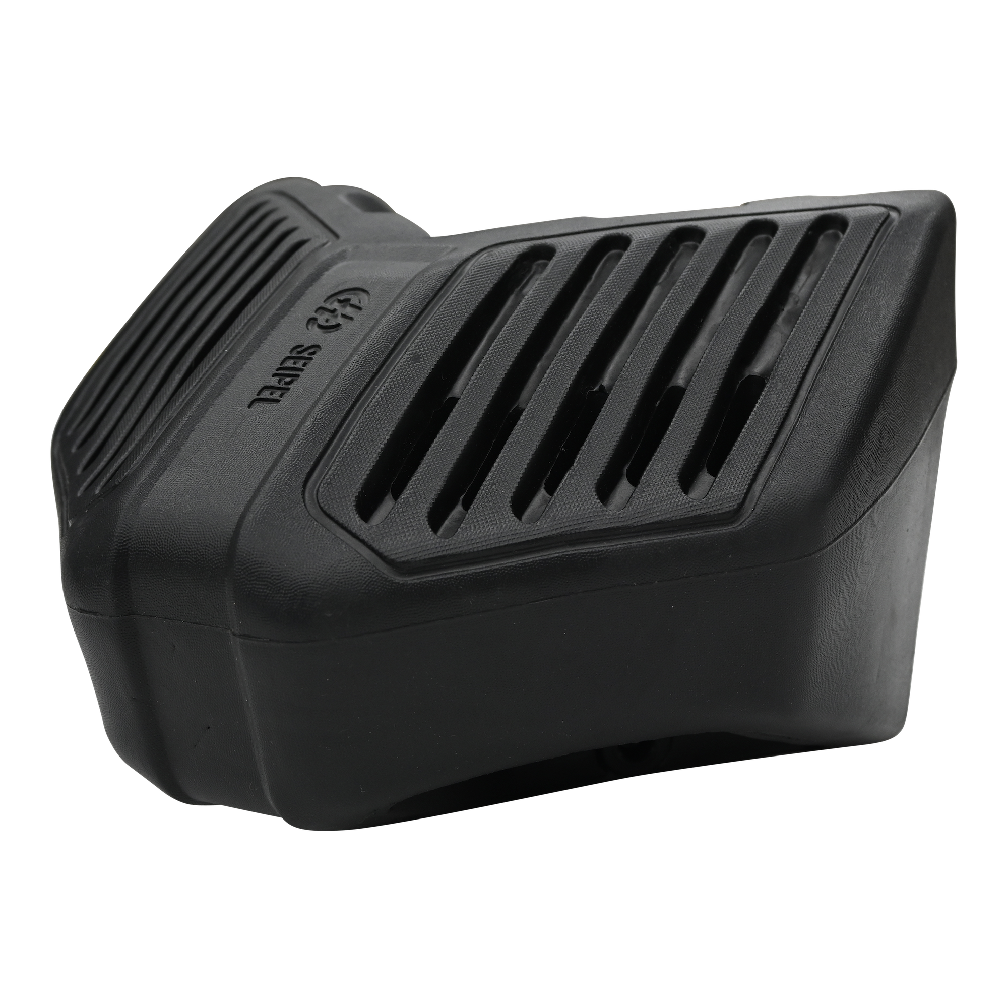 Angled view of a black EVA Permanent Corner Dock Fender with vented surface and embossed logo.