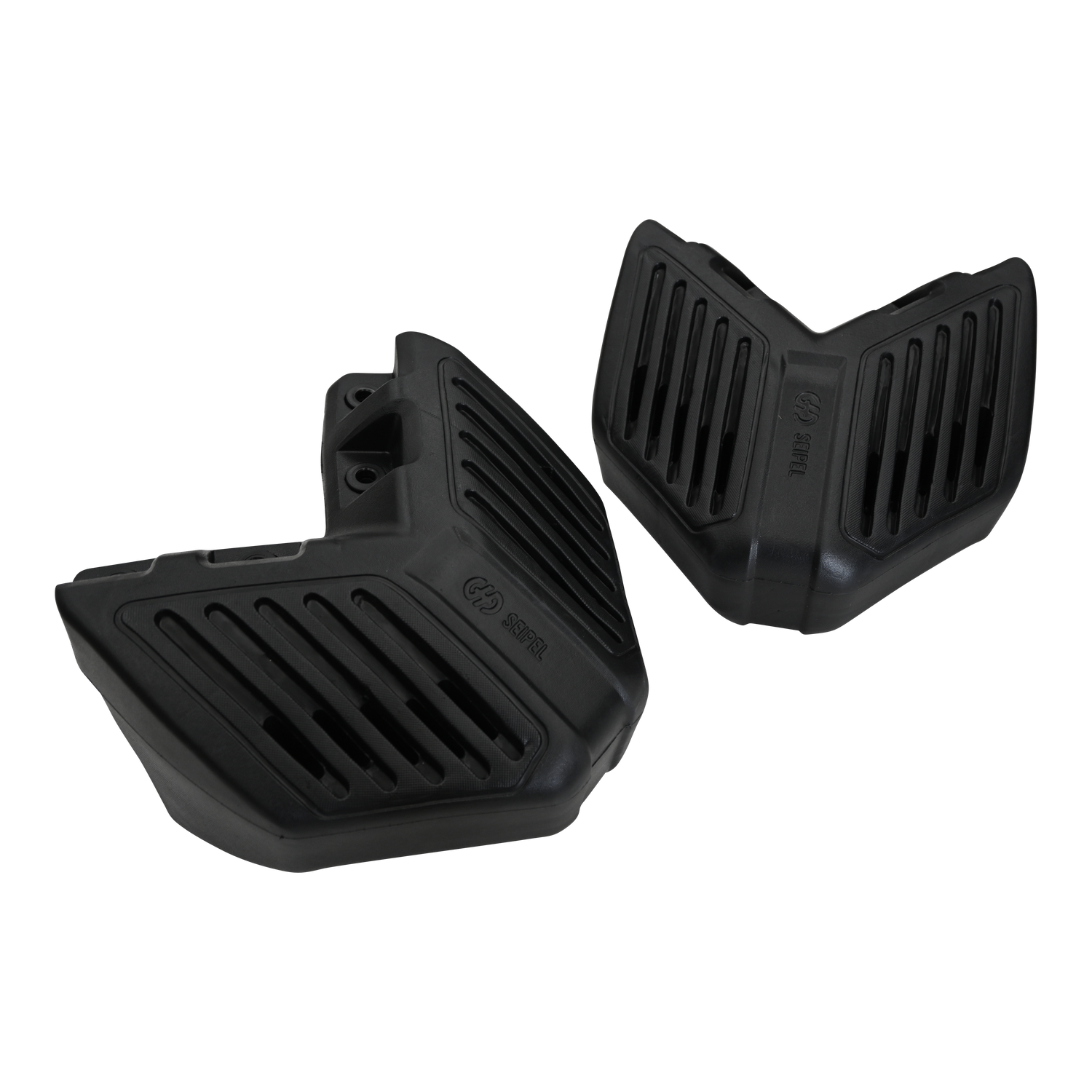 Two black EVA Permanent Corner Dock Fenders displayed side by side, showing vented design and mounting holes.