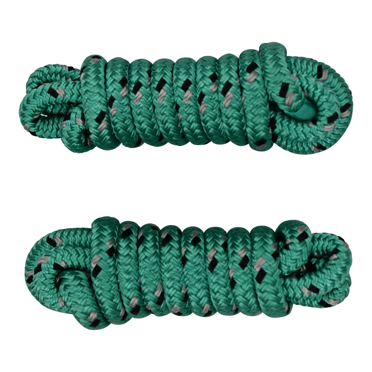 Top view of two coiled green dock lines with black and gray accents, neatly wound with looped ends.