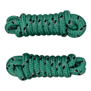 Top view of two coiled green dock lines with black and gray accents, neatly wound with looped ends.