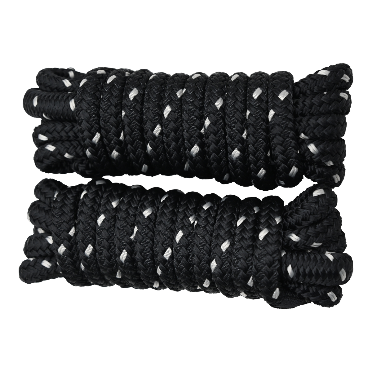 Top view of two coiled black dock lines with white accents, neatly wound with looped ends.