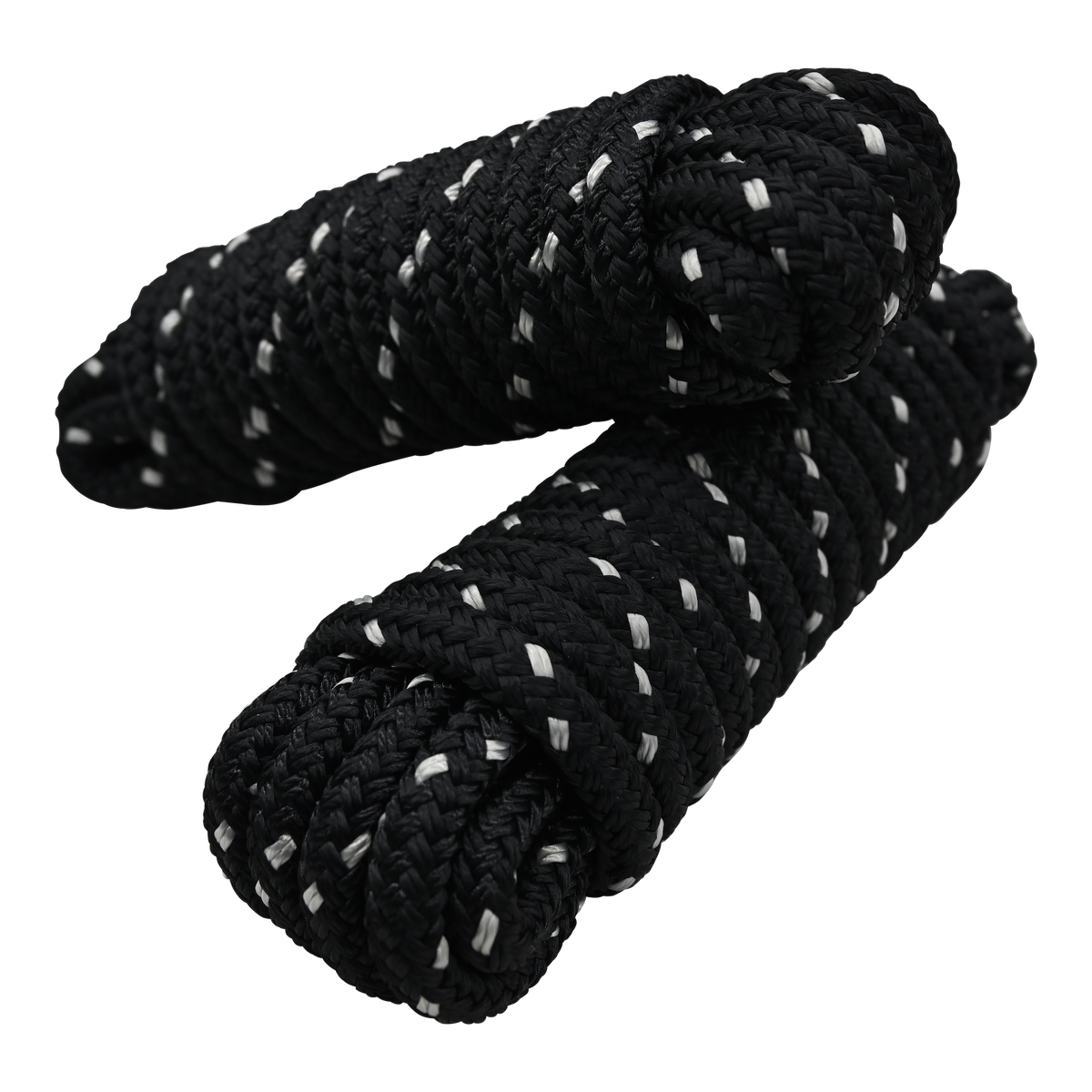 Angled view of two stacked black dock lines with white accents, coiled and secured with looped ends.
