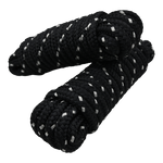 Angled view of two stacked black dock lines with white accents, coiled and secured with looped ends.