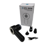 Handheld Air Pump with packaging, USB charging cable, and multiple nozzle attachments displayed on a white background.