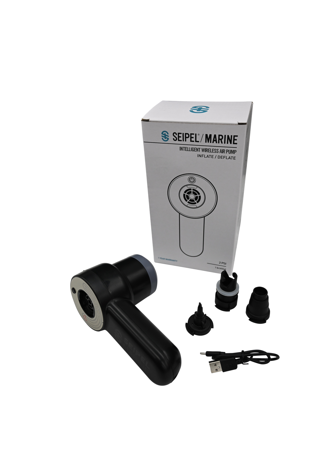 Handheld Air Pump with packaging, USB charging cable, and multiple nozzle attachments displayed on a white background.