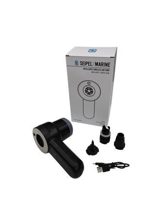 Handheld Air Pump with packaging, USB charging cable, and multiple nozzle attachments displayed on a white background.