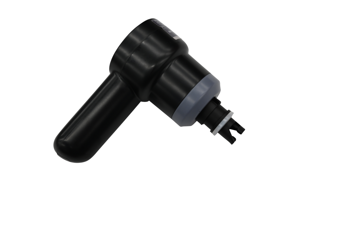 Handheld Air Pump, black with a compact design, shown with a nozzle attached to the front.