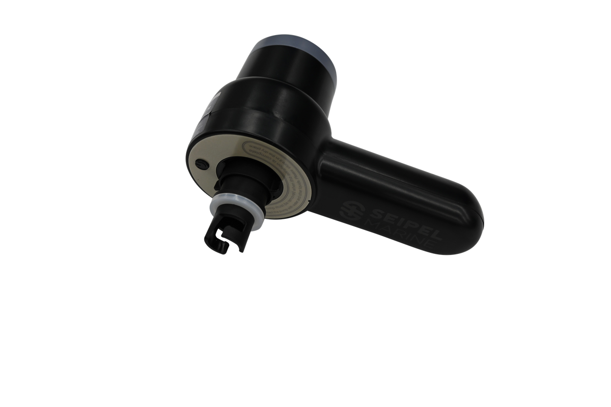 Angled top view of the Handheld Air Pump, showing the front air outlet and Seipel Marine branding on the handle.