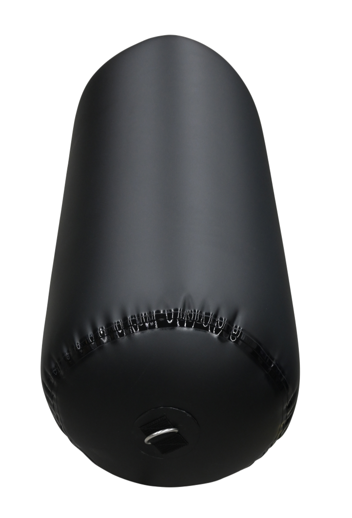 Top view of a black inflatable cylinder fender, showing the secure D-ring attachment and reinforced seam stitching.