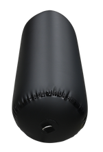 Top view of a black inflatable cylinder fender, showing the secure D-ring attachment and reinforced seam stitching.