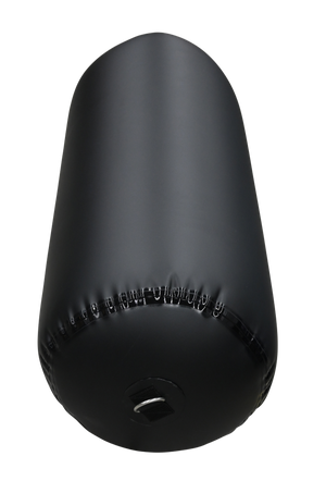 Top view of a black inflatable cylinder fender, showing the secure D-ring attachment and reinforced seam stitching.