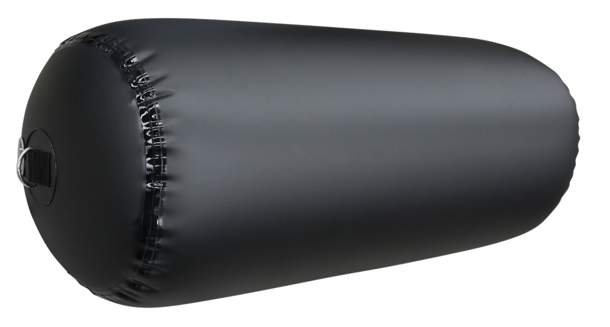 Angled view of a black inflatable cylinder fender, showing a close-up of the reinforced seams and attachment point.