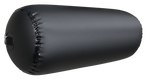 Angled view of a black inflatable cylinder fender, showing a close-up of the reinforced seams and attachment point.